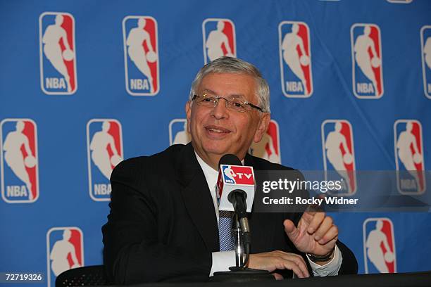 Commissioner David Stern talks to the Sacramento media regarding an arena situation prior to the Sacramento Kings taking on the Orlando Magic on...