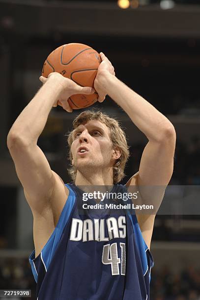 Dirk Nowitzki of the Dallas Mavericks shoots a foul shot against the Washington Wizards in NBA action December 4, 2006 at the Verizon Center in...