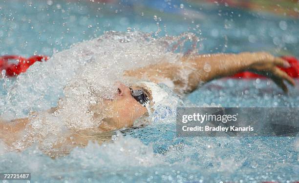 Matt Welsh in action during the Men's 100m Backstroke final on day three of the Australian Championships at Chandler Aquatic Centre on December 5,...