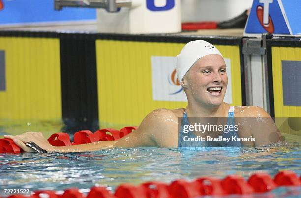 Leisel Jones smiles to the crowd after winning the Women's 100m Breaststroke final on day three of the Australian Championships at Chandler Aquatic...