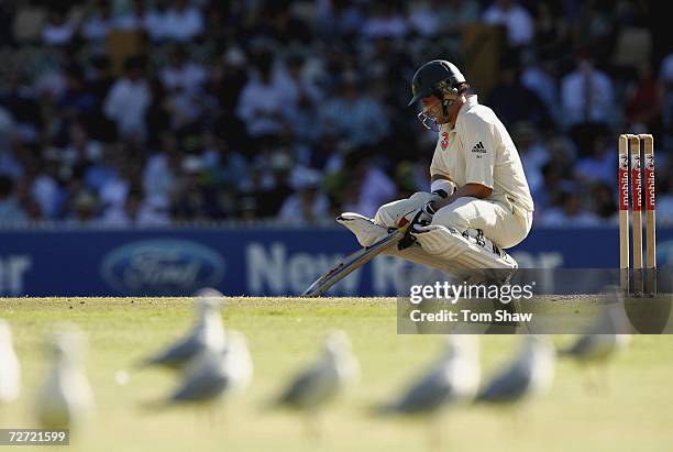 Mike Hussey of Australia rests during day five of the second Ashes Test Match between Australia and England at the Adelaide Oval on December 5, 2006...