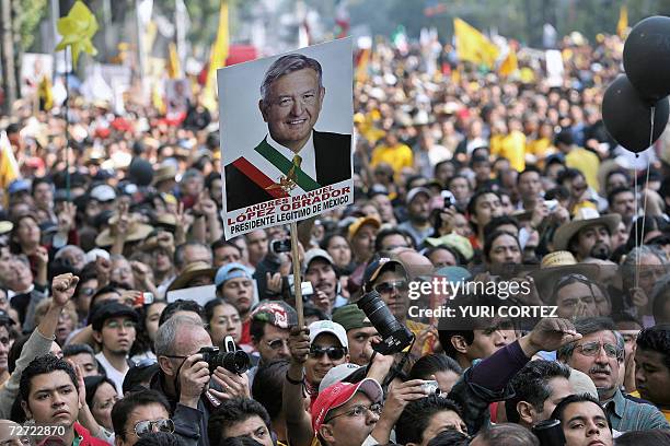 Supporters of leftist Manuel Lopez Obrador, from the Democratic Revolution Party , take part in a protest against the inauguration of Mexican new...
