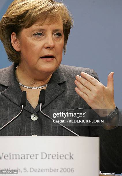 German Chancellor Angela Merkel speaks at a press conference in Mettlach, 05 December 2006 after a summit of the so-called Weimar Triangle with...