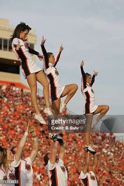 Cheerleaders entertain during a game between the Oklahoma Sooners and the Oklahoma State Cowboys on November 25, 2006 at Boone Pickens Stadium in...