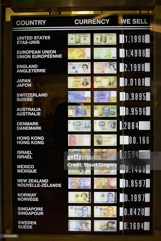 Canada, foreign exchange board showing currency values, close-up