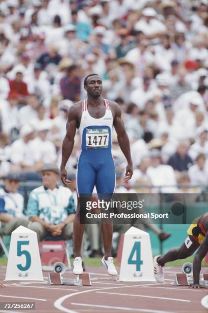 British sprinter Linford Christie , competing for the Great Britain team, prepares to start a qualifying race in the Men's 100 metres event at the...