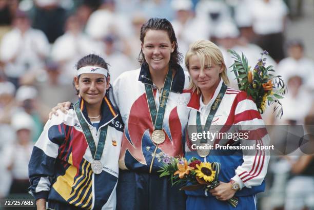 View of the medal winners in the Women's singles tennis event, from left, silver medallist Arantxa Sanchez Vicario of Spain, gold medallist Lindsay...