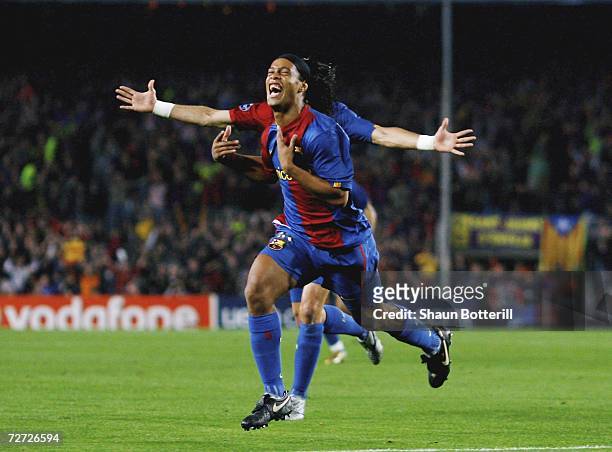 Ronaldinho of Barcelona celebrates after scoring during the UEFA Champions League Group A match between Barcelona and Werder Bremen at the Nou Camp...