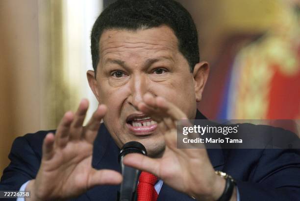 Venezuelan President Hugo Chavez speaks at a press conference in Miraflores Palace December 5, 2006 in Caracas, Venezuela. Chavez was officially...