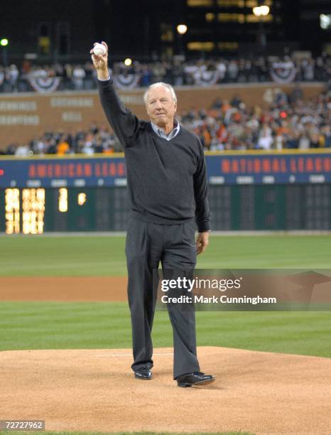 Al Kaline of the Detroit Tigers throws out the first pitch during pre-game of Game Three of the 2006 American League Division Series on October 6,...