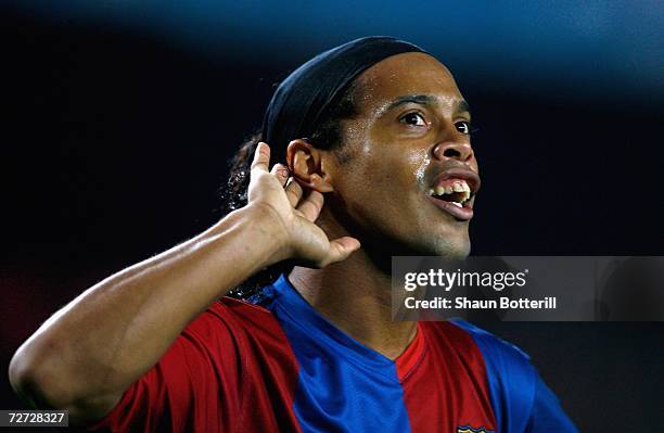 Ronaldinho of Barcelona celebrates after scoring during the UEFA Champions League Group A match between Barcelona and Werder Bremen at the Nou Camp...