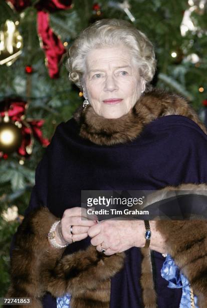 Lady Mary Soames of the Churchill family attends a private party to celebrate the 80th birthday of Queen Elizabeth II at the Ritz Hotel on December...