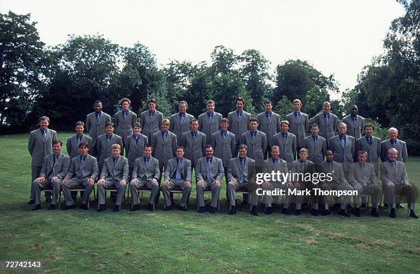 The 1998 England World Cup sqaud, including players, the medical team and back room staff, wearing Paul Smith suits for the official photograph at...