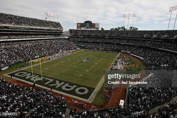 McAfee Coliseum is shown during the Oakland Raiders game against the Denver Broncos at McAfee Coliseum on November 12, 2006 in Oakland, California....