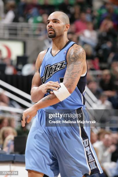 Carlos Boozer of the Utah Jazz walks downcourt during the game against the Phoenix Suns at the Delta Center on November 18, 2006 in Salt Lake City,...