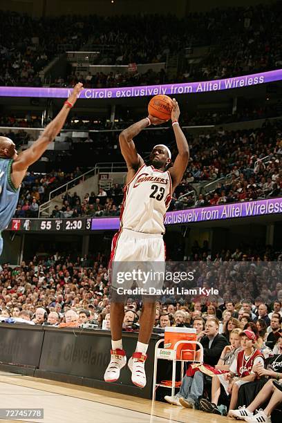 LeBron James of the Cleveland Cavaliers takes a jump shot during the game against the Minnesota Timberwolves at Quicken Loans Arena on November 17,...