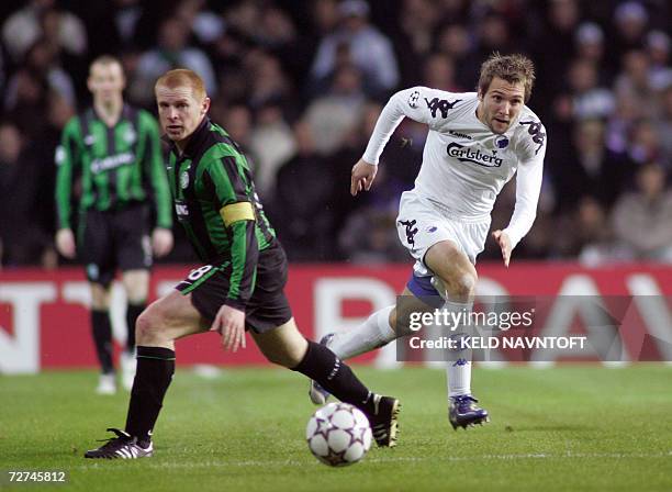 Copenhagen's Michael Silberbauer and Celtic's Neil Lennon vie for the ball during their Group F UEFA Champions League match 06 December 2006 in...