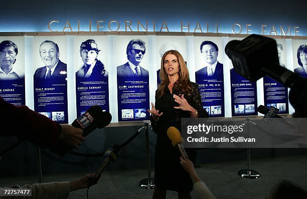 California first lady Maria Shriver speaks to members of the media before the induction of the first ever California Hall of Fame December 6, 2006 in...
