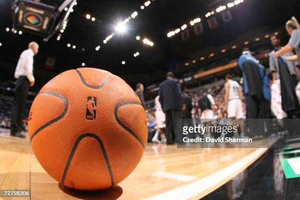 The NBA ball on the court during the game for the Minnesota Timberwolves against the Houston Rockets on December 6, 2006 at the Target Center in...