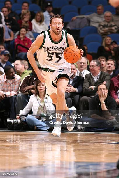 Marko Jaric of the Minnesota Timberwolves moves the ball up the court against the Houston Rockets on December 6, 2006 at the Target Center in...