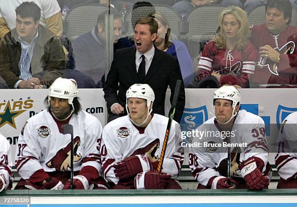 Head coach Wayne Gretzky of the Phoenix Coyotes reacts to a referee's call in the third period against the Dallas Stars on December 6, 2006 at the...