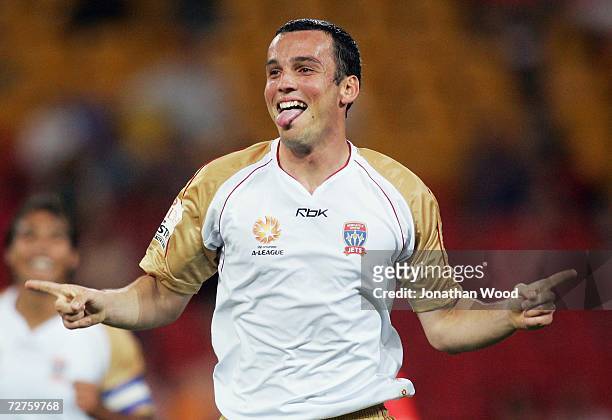 Mark Bridge of the Jets celebrates scoring during the round 16 Hyundai A-League match between the Queensland Roar and the Newcastle Jets at Suncorp...