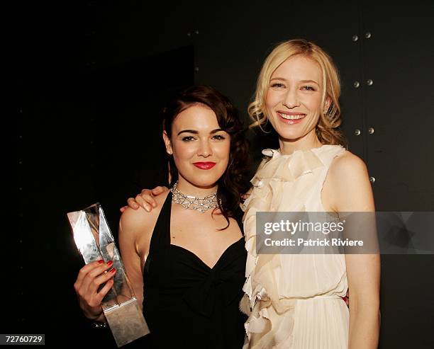 Actress Emily Barclay with her award for Best Actress in a Lead Role, poses with actress and AFI Ambassador Cate Blanchett at the after show party...