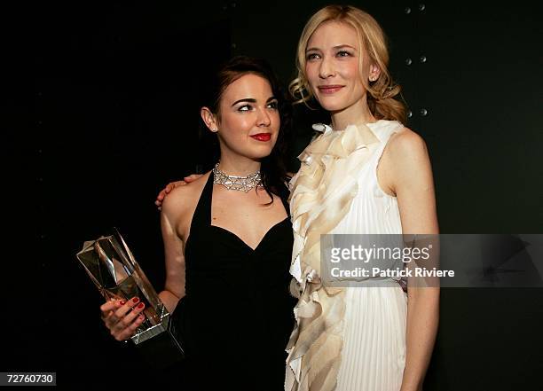 Actress Emily Barclay with her award for Best Actress in a Lead Role, poses with actress and AFI Ambassador Cate Blanchett at the after show party...