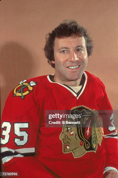 Promotional portrait of Canadian ice hockey player Tony Esposito, goalkeeper for the Chicago Blackhawks, early or mid 1970s.