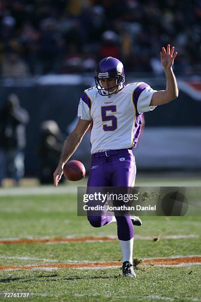 Punter Chris Kluwe of the Minnesota Vikings punts against the Chicago Bears on December 3, 2006 at Soldier Field in Chicago, Illinois. The Bears...