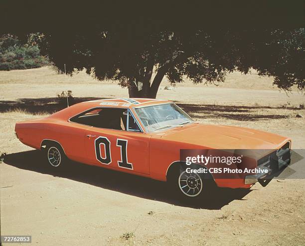 Photo of a Dodger Charger, named the 'General Lee,' which was used in the American television show 'The Dukes Of Hazzard,' as it sits, parked near a...