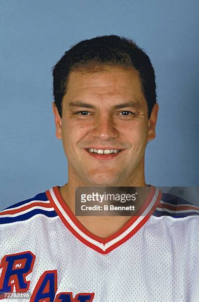Promotional portrait of Finnish ice hockey player Esa Tikkanen of the New York Rangers, early 1990s.