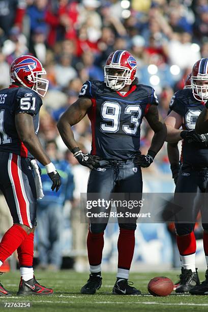 Defensive end Anthony Hargrove of the Buffalo Bills stands on the field against the Jacksonville Jaguars on November 26, 2006 at Ralph Wilson Stadium...