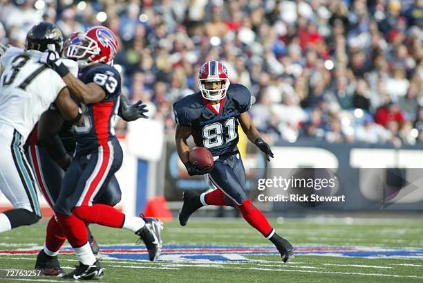 Wide receiver Peerless Price of the Buffalo Bills carries the ball against the Jacksonville Jaguars on November 26, 2006 at Ralph Wilson Stadium in...