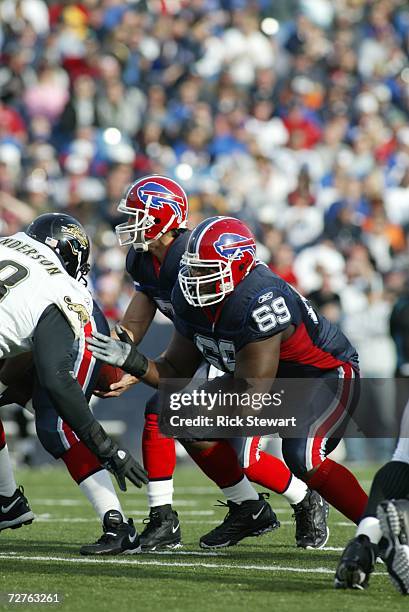 Offensive lineman Mike Gandy of the Buffalo Bills blocks against the Jacksonville Jaguars on November 26, 2006 at Ralph Wilson Stadium in Orchard...