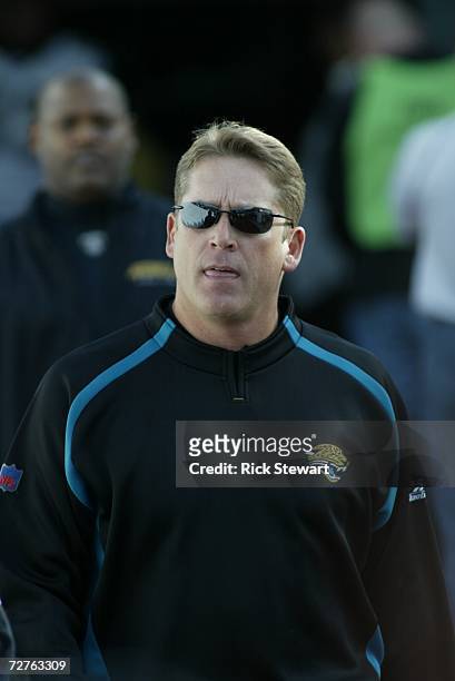 Head coach Jack Del Rio of the Jacksonville Jaguars looks on against the Buffalo Bills on November 26, 2006 at Ralph Wilson Stadium in Orchard Park,...