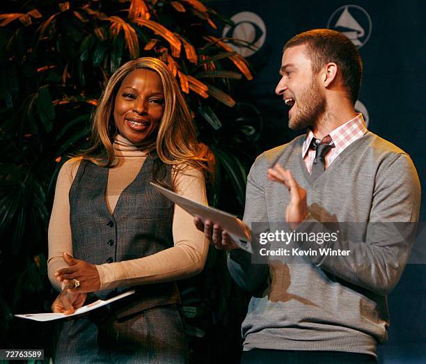 Singers Mary J. Blige and Justin Timberlake react to being nominated during the 49th annual Grammy Awards nominations held at the Music Box at The...