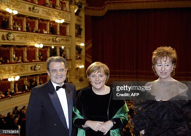 Italian Prime Minister Romano Prodi, German Chancellor Angela Merkel and Milan's mayor Letizia Moratti pose in a loge of Milan's La Scala Opera House...