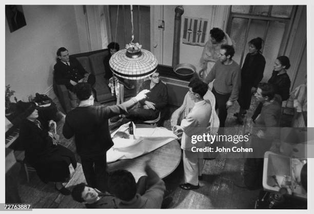 Overhead view of the cast of the Beat film 'Pull My Daisy,' 1959. From left, Alice Neel , Larry Rivers , Delphine Seyrig , Allen Ginsberg , Delphine...