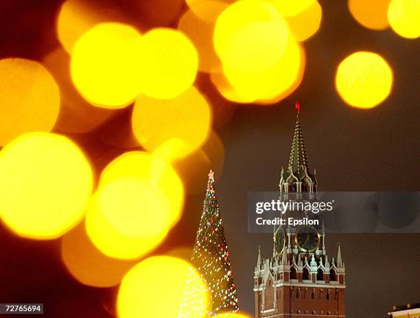 Close up view of lights and a Christmas tree at the Red Square in Moscow December 7, 2006 in Moscow, Russia. Russian Orthodox Christians celebrate...