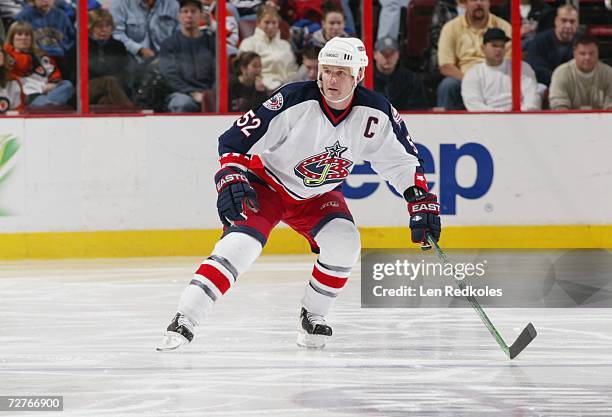 Adam Foote of the Columbus Blue Jackets defends during the NHL game against the Philadelphia Flyers at the Wachovia Center on November 24, 2006 in...