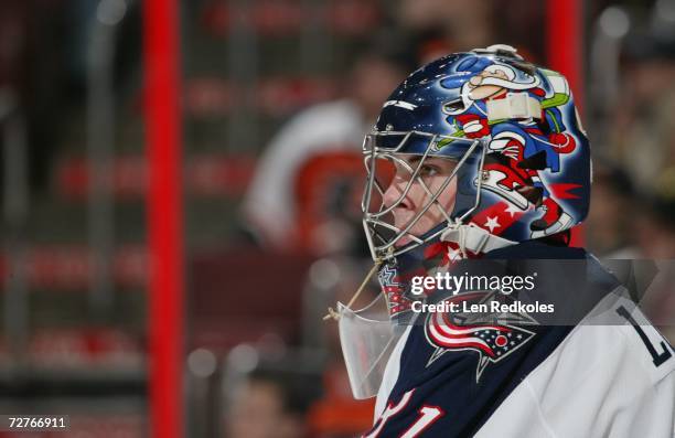 Pascal Leclaire of the Columbus Blue Jackets looks on during the NHL game against the Philadelphia Flyers at the Wachovia Center on November 24, 2006...