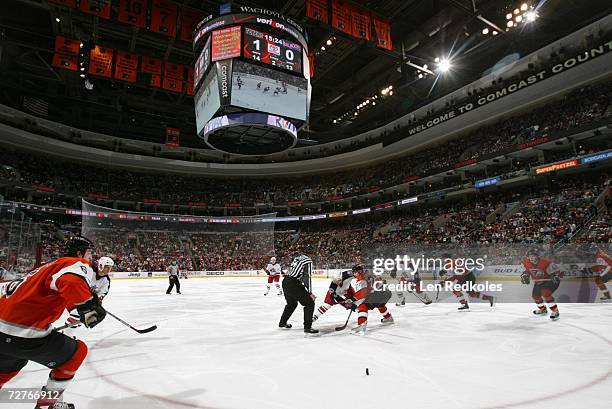 General view of a face off during the NHL game between the Philadelphia Flyers and the Columbus Blue Jackets at the Wachovia Center on November 24,...