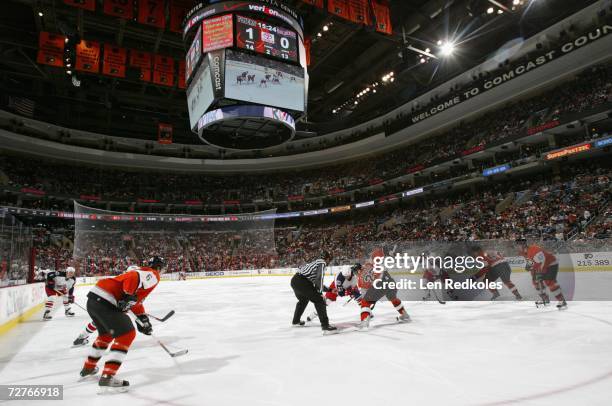 General view of a face off during the NHL game between the Philadelphia Flyers and the Columbus Blue Jackets at the Wachovia Center on November 24,...