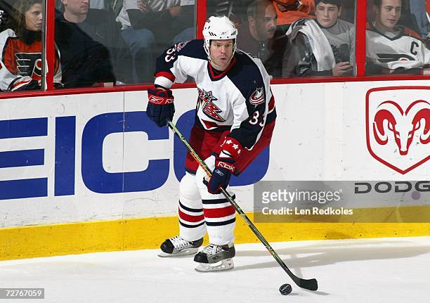 Fredrik Modin of the Columbus Blue Jackets skates with the puck during the NHL game against the Philadelphia Flyers at the Wachovia Center on...