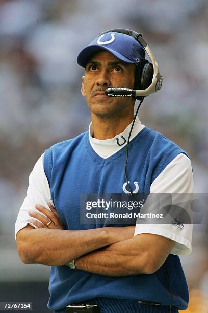 Head coach Tony Dungy of the Indianapolis Colts looks on against the Dallas Cowboys at Texas Stadium on November 19, 2006 in Irving, Texas. The...