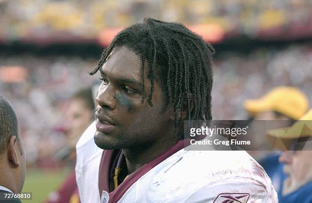 Sean Taylor of the Washington Redskins looks on during the game against the Carolina Panthers on November 26, 2006 at FedEx Field in Landover,...