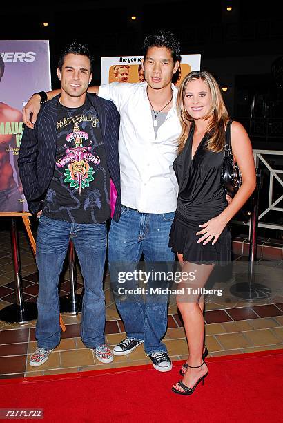 Actors Marco Dapper, Andrew Ley, and singer Ashley Poole arrive at the world premiere of the new movie "Eating Out 2", held at the Sunset 5 Theater...