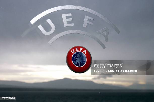 Logo is seen with Geneva Lake and Alps as background 08 December 2006 during a press conference closing a two days Executive committee meeting of the...