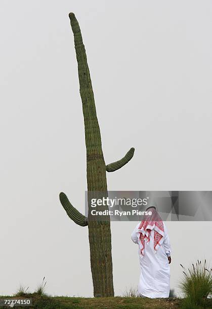 Qatari man is watches golf next to a cactus during round one of Men's Golf during day eight of the 15th Asian Games Doha 2006 at Doha Golf Club on...